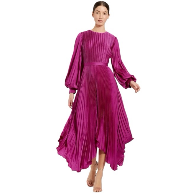 Nwt Ieena For Macduggal Purple Long Sleeve Pleated Charmeuse Handkerchief Dress